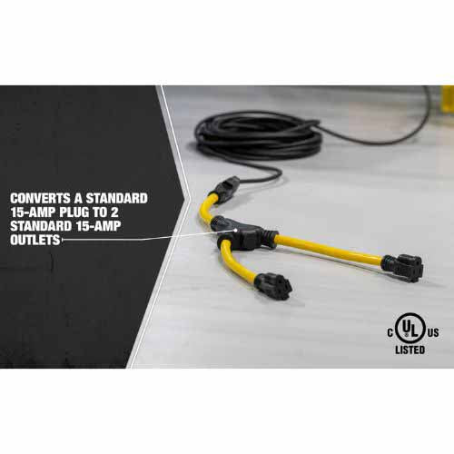 Southwire 90188802 12/3 STW Yellow Extension Cord with (x2) 5-15 Receptacles (Y-Configuration) - 3