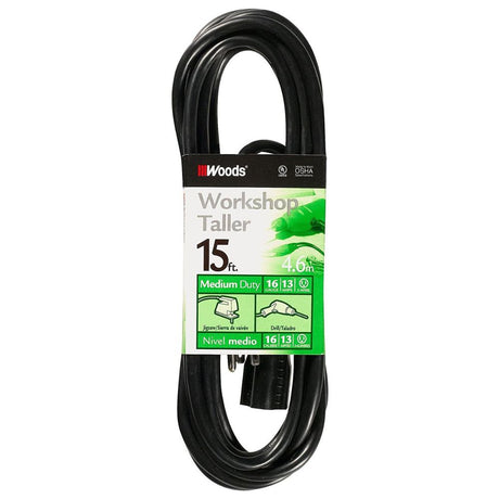 Southwire 990261 15' General Purpose Extension Cord, 16/3 Gauge SJTW, Black Color