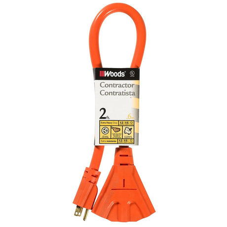 Southwire 990824 2' Extension Cord, 12/3 Gauge STW, 3-Outlet, Orange Color