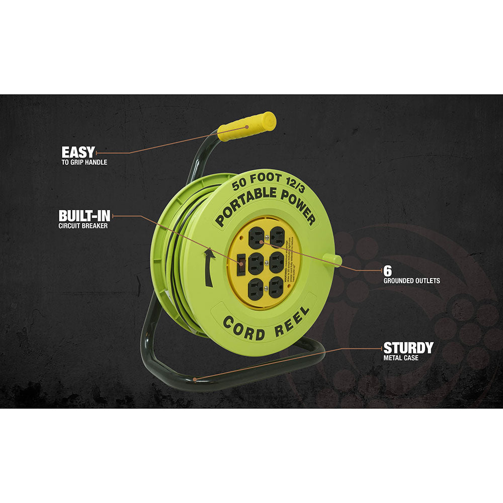 Southwire E238 Heavy Duty Power Station Cord Reel, with 6 Grounded Outlets, 12/3 50' Extension Cord, Built In 15-Amp Circuit Breaker, Green/Black - 2