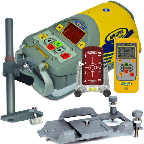 Spectra DG613-5 Dialgrade Pipe Laser with Large Pipe Centering Plate, Vertical Pole, Remote Control, Target and Rechargeable Batteries