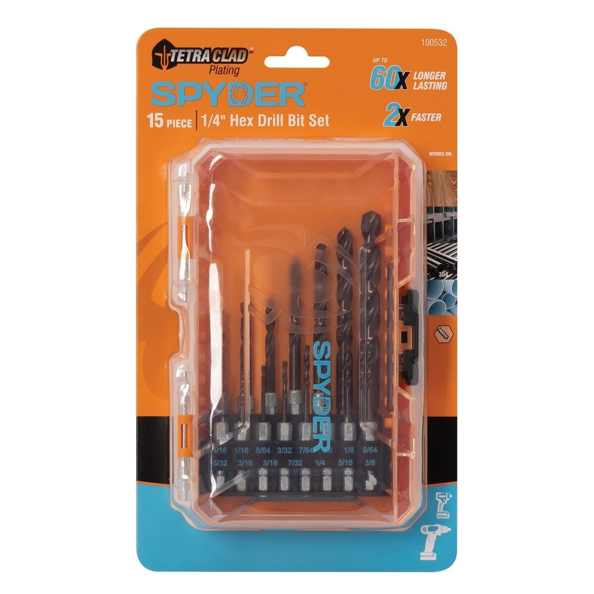 Spyder 100532 TetraClad 1/4" Hex Shank Drill Bit Set for Metal Wood PVC (15 Piece Set) - 7