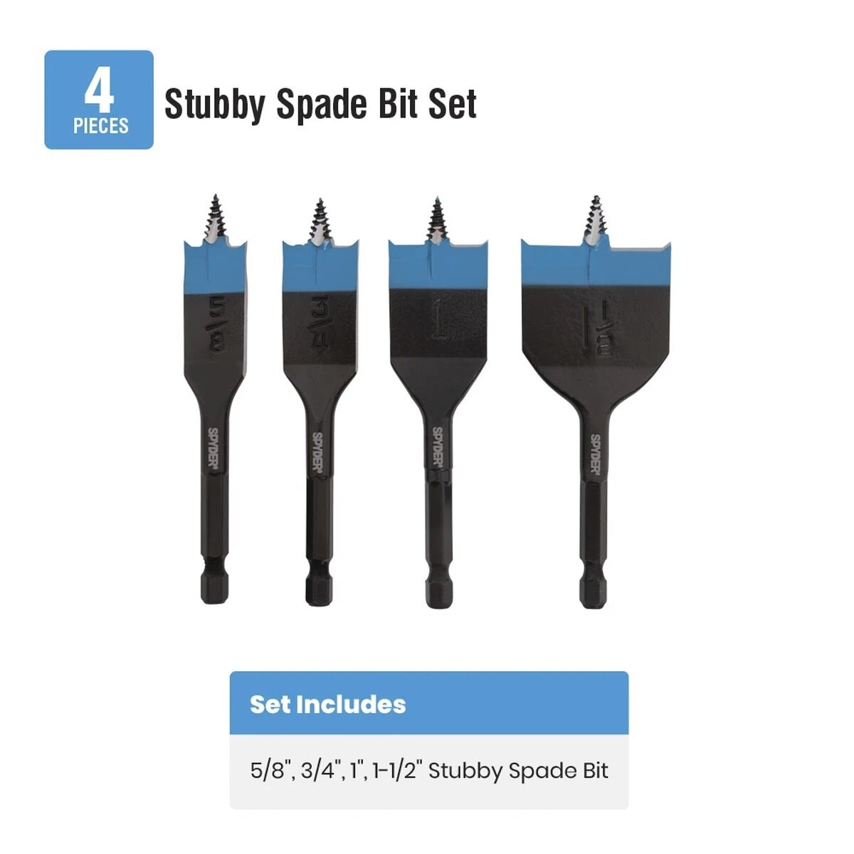 Spyder 11058 Stinger Stubby Spade Bit Set with Auto-Feed Threaded Tip for Tight Spaces 4 in Overall Length (4 Piece Set) - 2