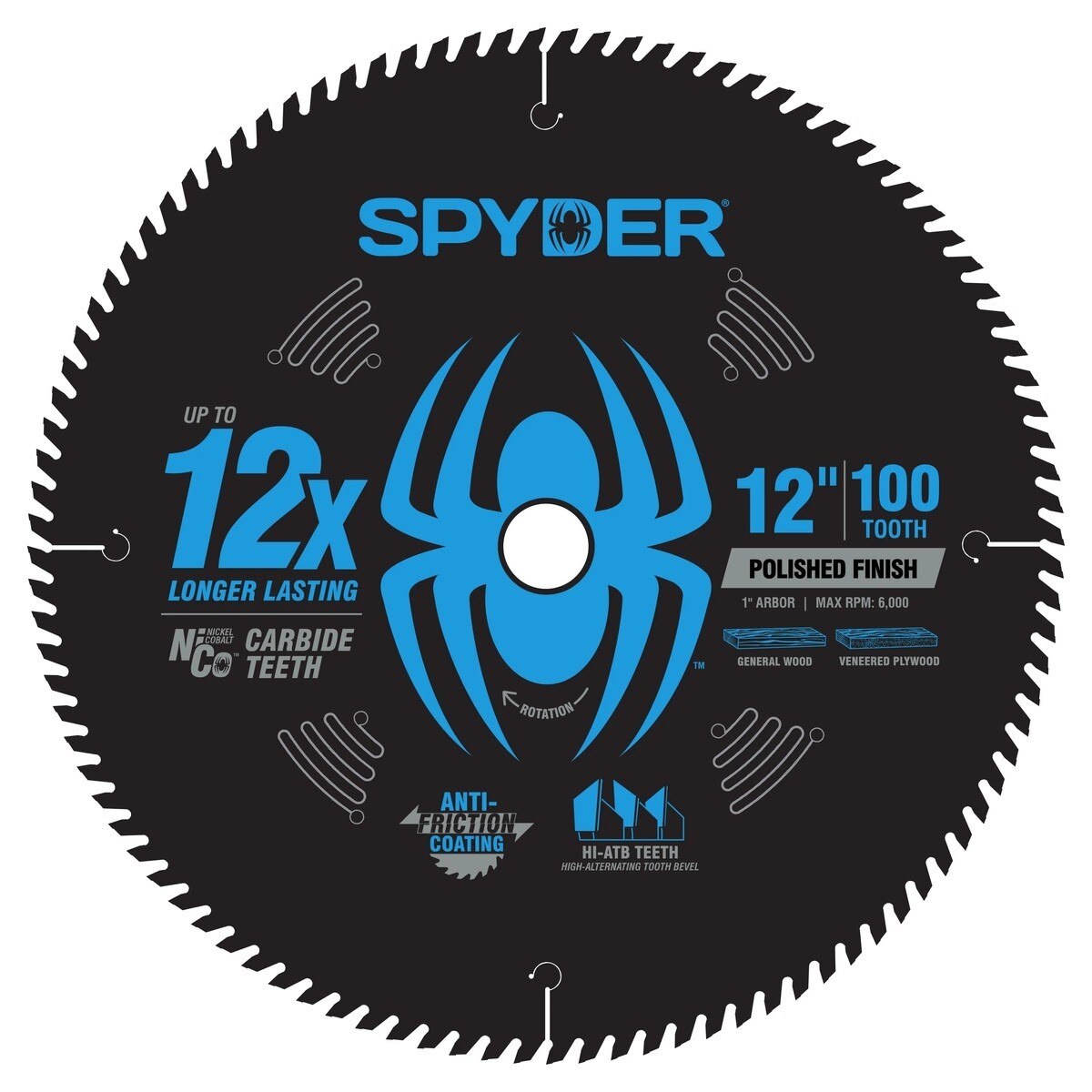 Spyder 13108 12" 100 Tooth Polished Finish Circular Saw Blade for Wood