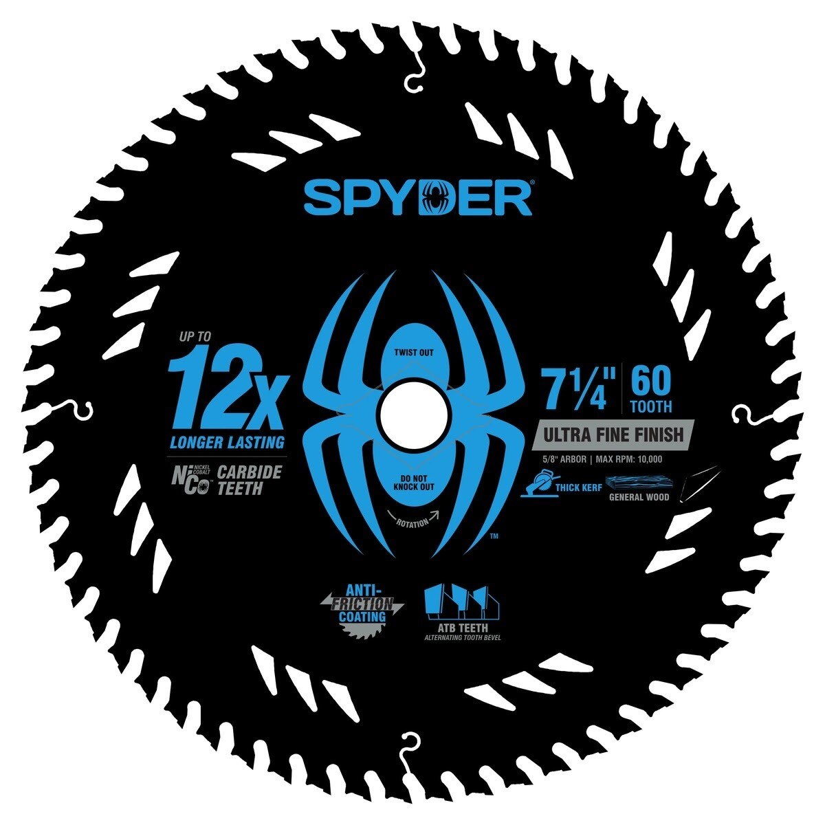 Spyder 13111 7-1/4" 60-Tooth Thick Kerf Ultra Fine Finish Saw Blade for Wood