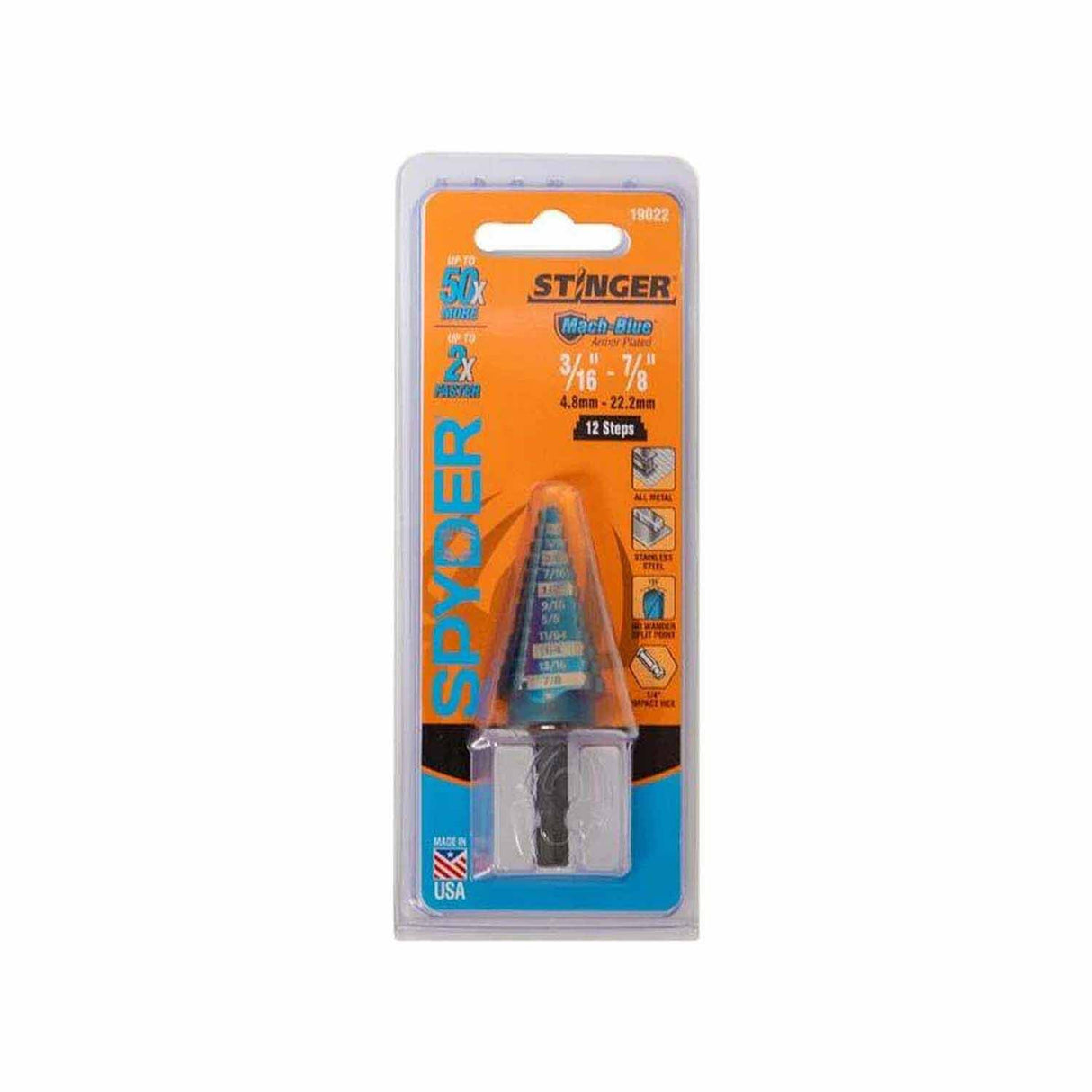 Spyder 19022 3/16 to 7/8-Inch Hex Shank 12 Step Drill Bit - 3