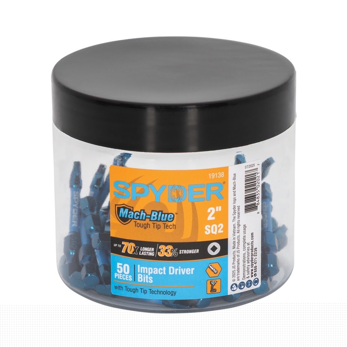 Spyder 19138 2" SQ2 Mach-Blue Impact Driver Bits with Tough Tip Technology (50 Pack)