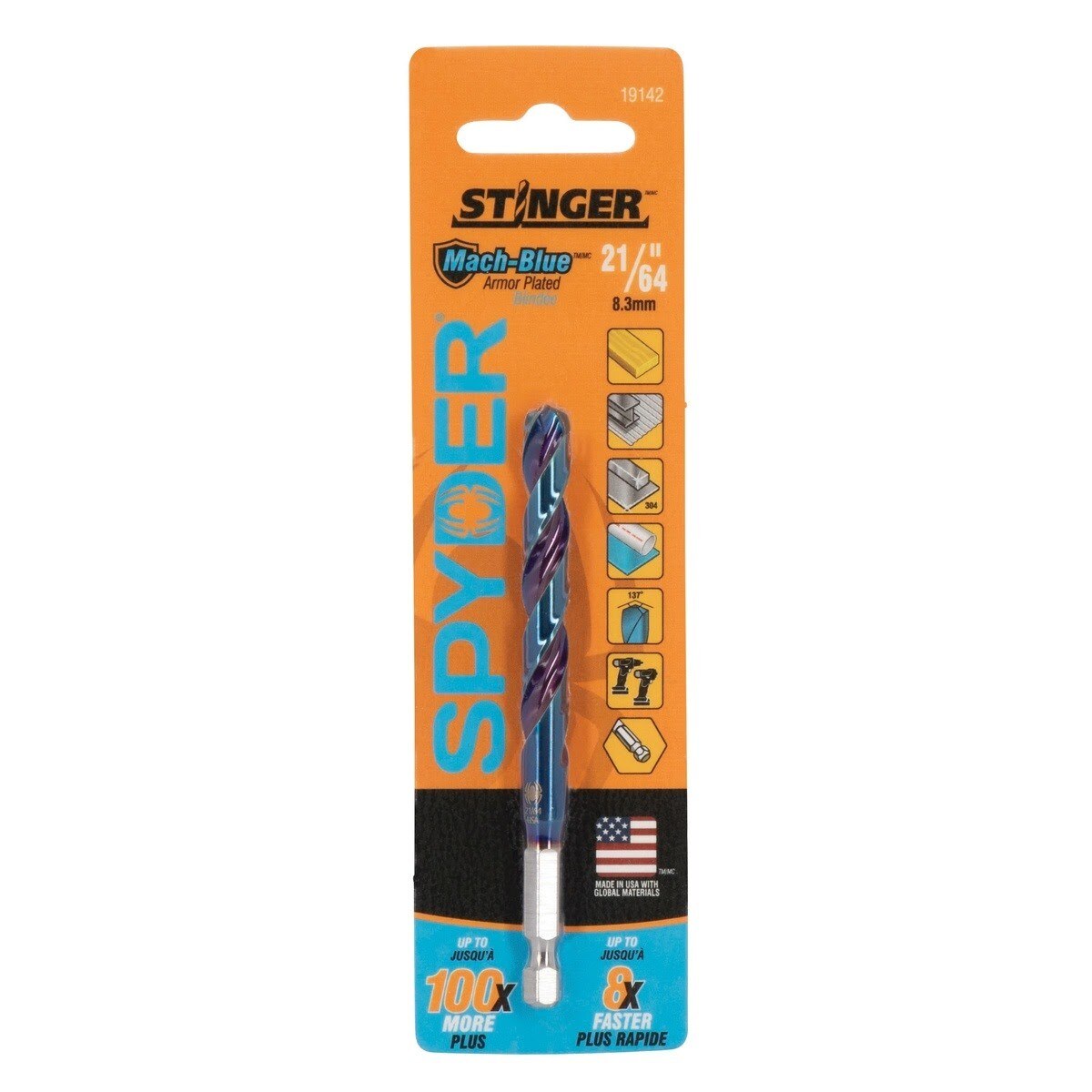 Spyder 19142 21/64 in Mach-Blue Armor Plated Hex Shank Drill Bit for Metal and Wood - 2