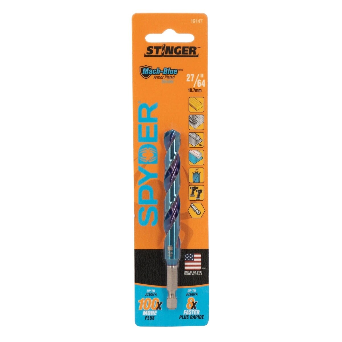 Spyder 19147 27/64 in Mach-Blue Armor Plated Hex Shank Drill Bit - 3