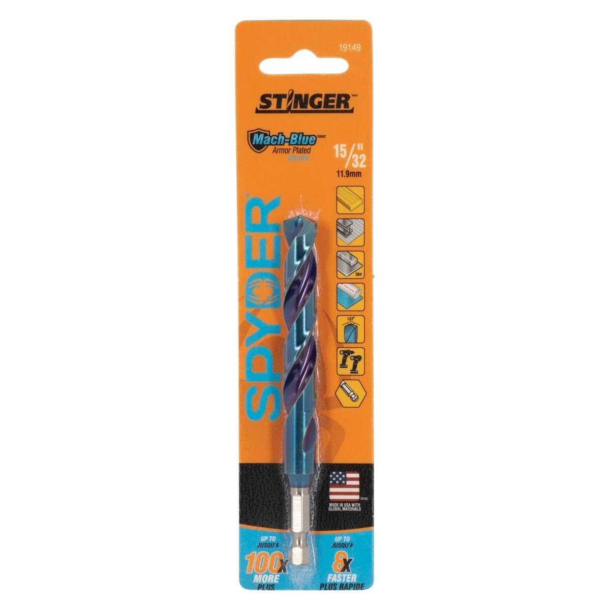 Spyder 19149 15/32 in Mach-Blue Armor Plated HSS Hex Shank Drill Bit - 2