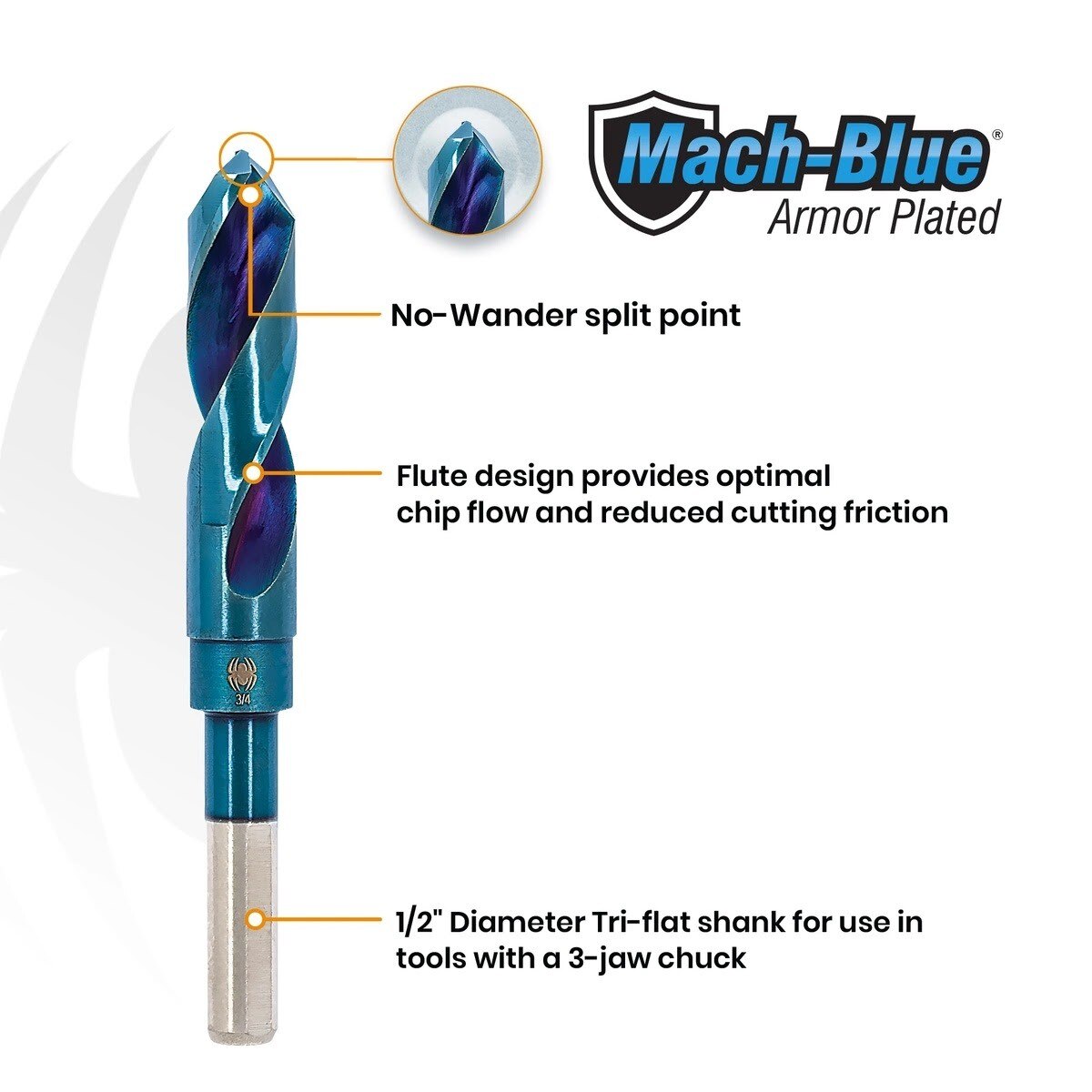 Spyder 19157 9/16 in Mach-Blue Armor Plated Tri-Flat Shank S&D Drill Bit - 2