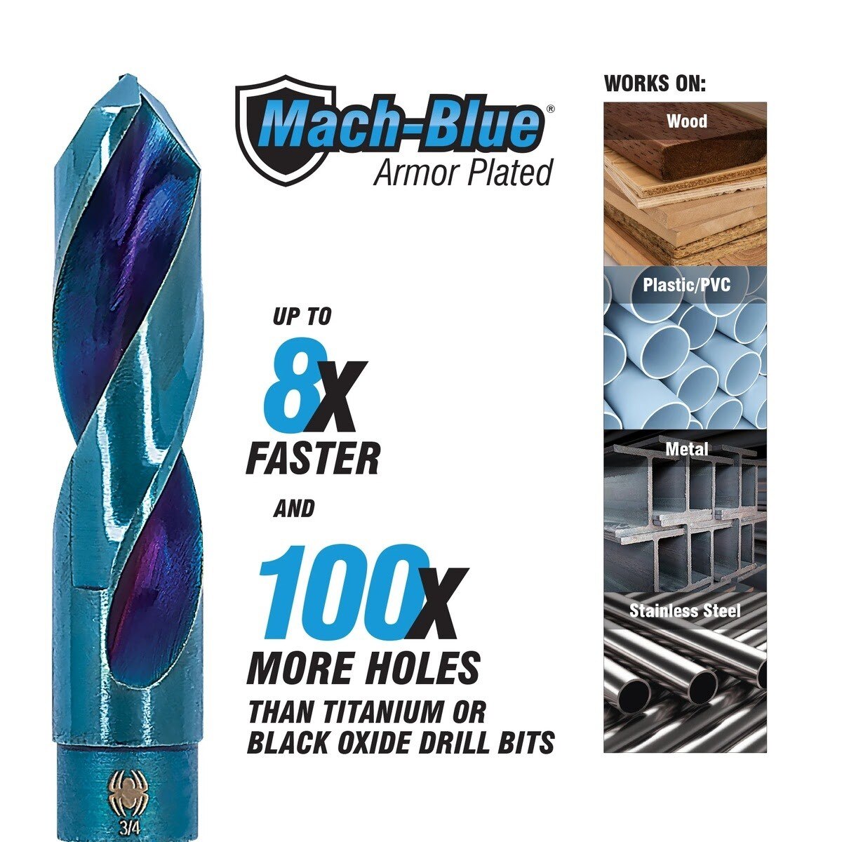 Spyder 19157 9/16 in Mach-Blue Armor Plated Tri-Flat Shank S&D Drill Bit - 3