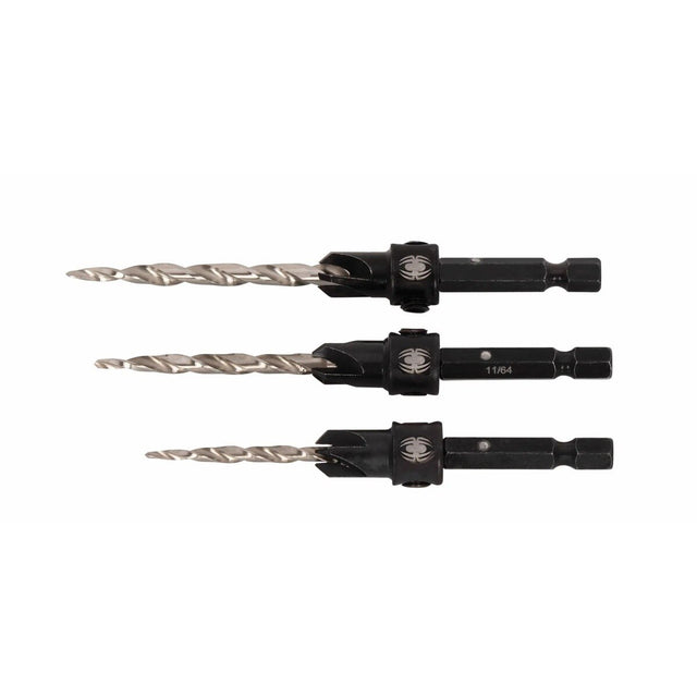 Spyder 19169 HSS Tapered Adjustable Countersink Drill Bit Set for 6 8 and 10 Screws with 9/64 in 11/64 in and 3/16 in Pilots (3 Piece Set)