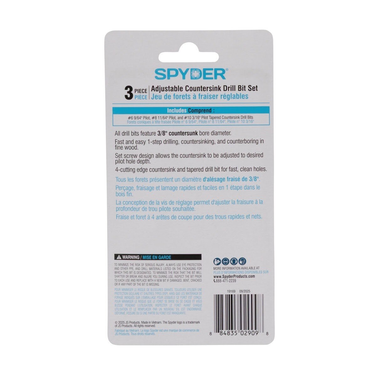 Spyder 19169 HSS Tapered Adjustable Countersink Drill Bit Set for 6 8 and 10 Screws with 9/64 in 11/64 in and 3/16 in Pilots (3 Piece Set) - 5