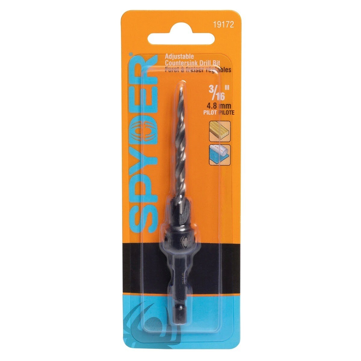 Spyder 19172 3/16" HSS Tapered Adjustable Countersink Twist Drill Bit for No 10 Screws - 4
