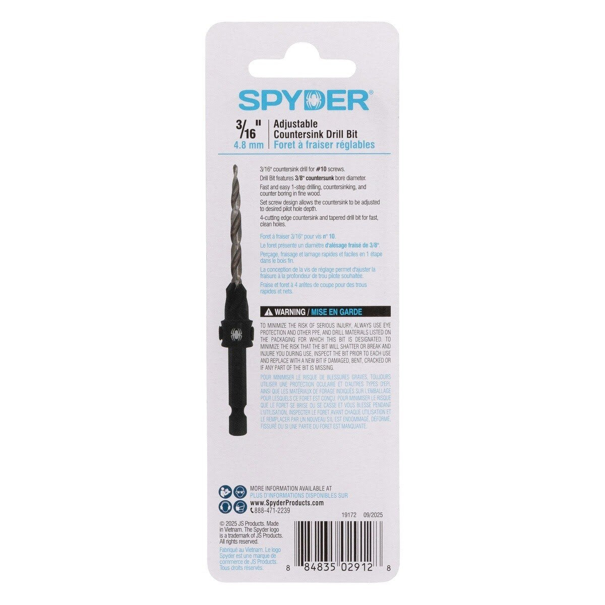 Spyder 19172 3/16" HSS Tapered Adjustable Countersink Twist Drill Bit for No 10 Screws - 5