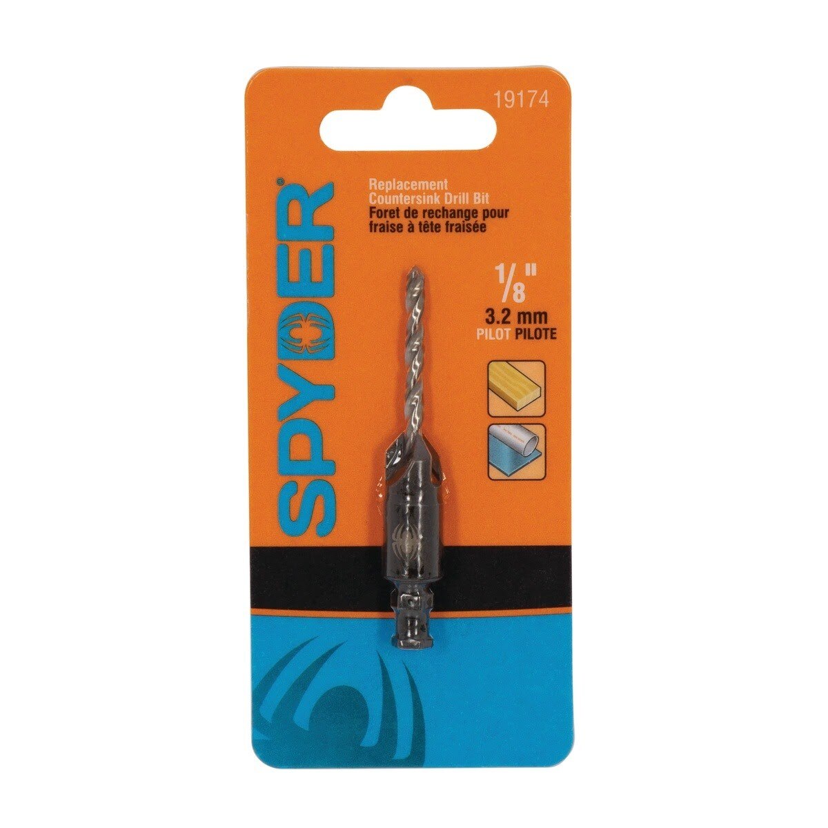 Spyder 19174 1/8" x 1-5/8" HSS Replacement Countersink Drill Bit with 1/4" Hex Shank for No 10 Screws - 3