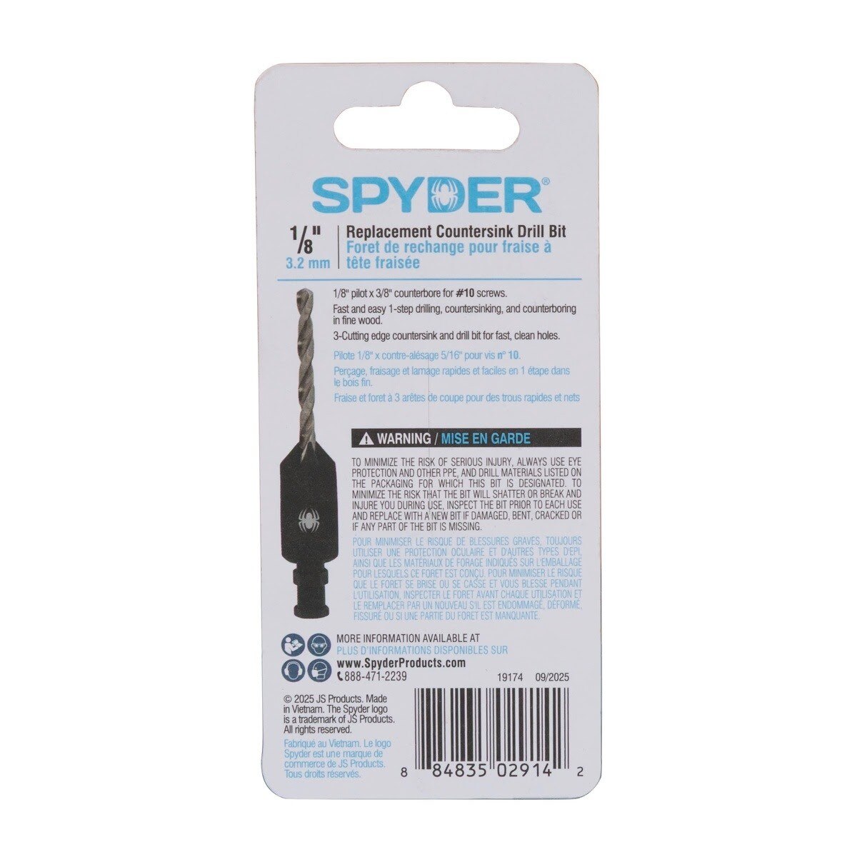 Spyder 19174 1/8" x 1-5/8" HSS Replacement Countersink Drill Bit with 1/4" Hex Shank for No 10 Screws - 4