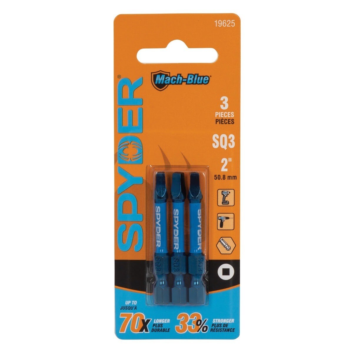 Spyder 19625 Mach-Blue Impact Rated SQ3 2 in Driver Bits with 1/4 in Hex Shank (3 Pack) - 2