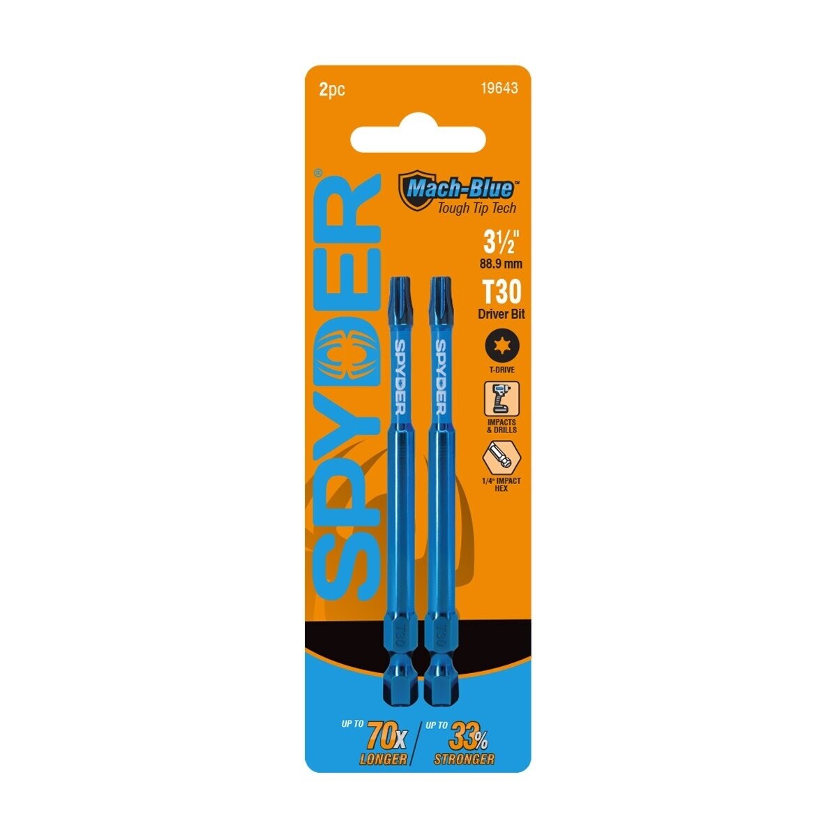 Spyder 19643 T30 x 3-1/2" Mach-Blue Impact Rated Driver Bit (2 Pack)