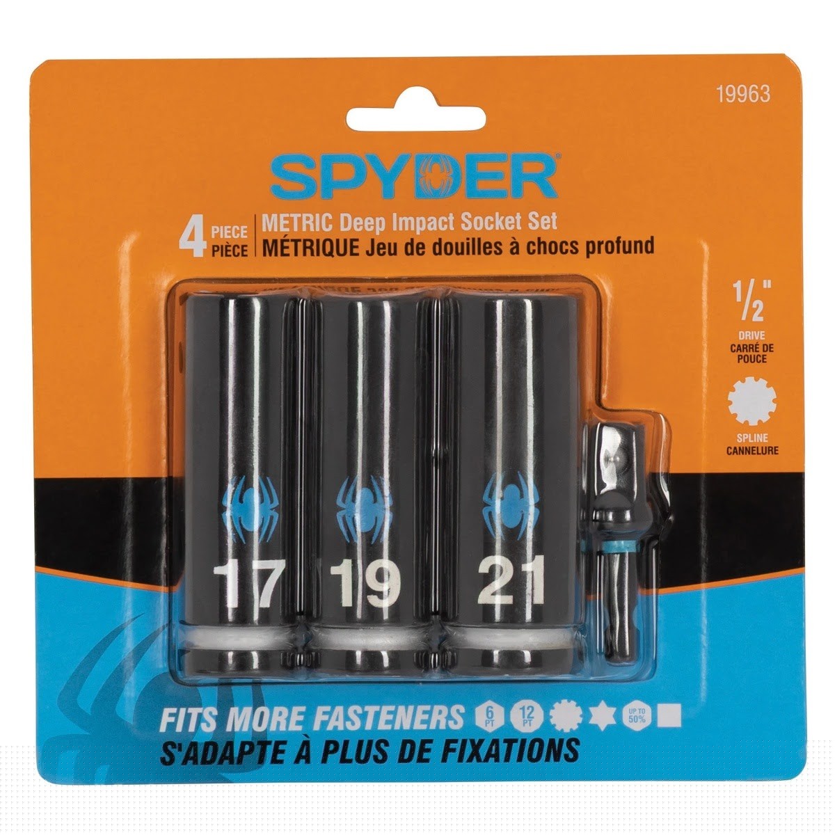Spyder 19963 1/2 in Drive Metric Deep Universal Spline Impact Socket Set with Adapter 17mm 19mm 21mm (4 Piece) - 3