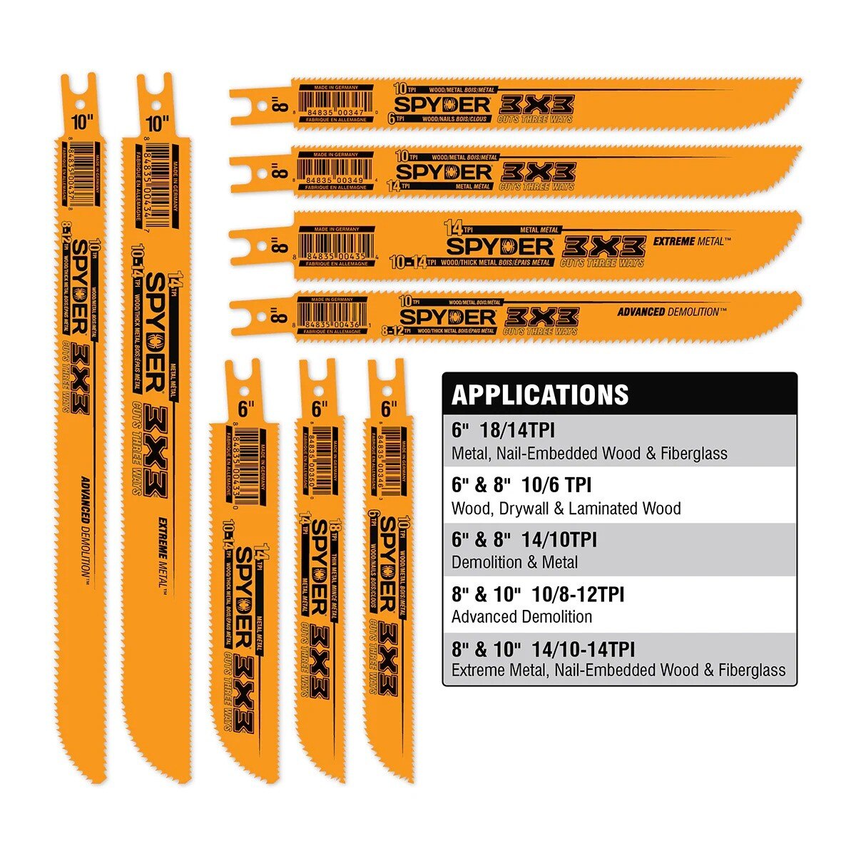 Spyder 200177 3X3 Double-Sided Bi-metal 8" 6/10 TPI Reciprocating Saw Blade - 3