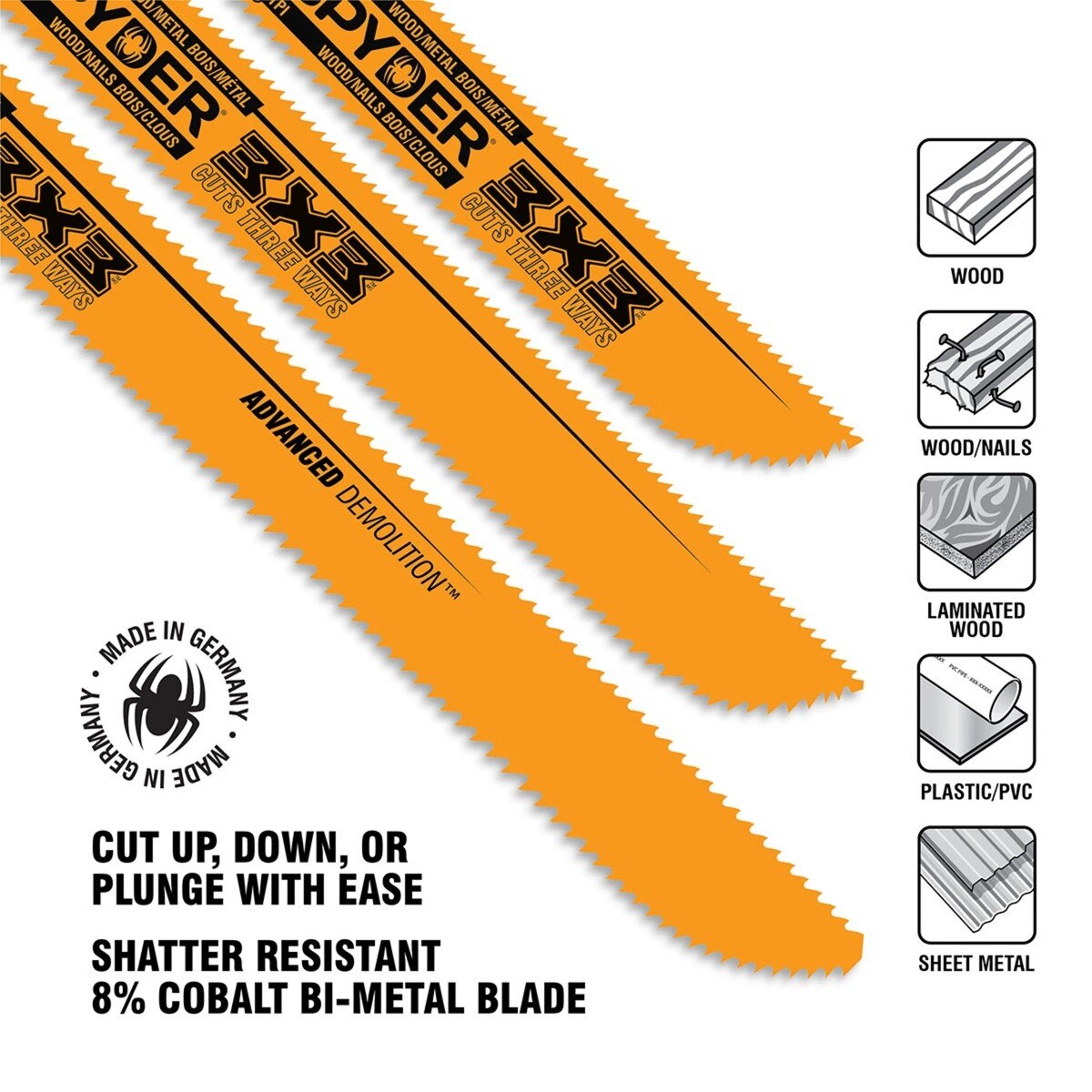Spyder 200179 3X3 Double-Edged 8"ch 10/14 TPI Wood Metal Cutting Reciprocating Saw Blade - 3