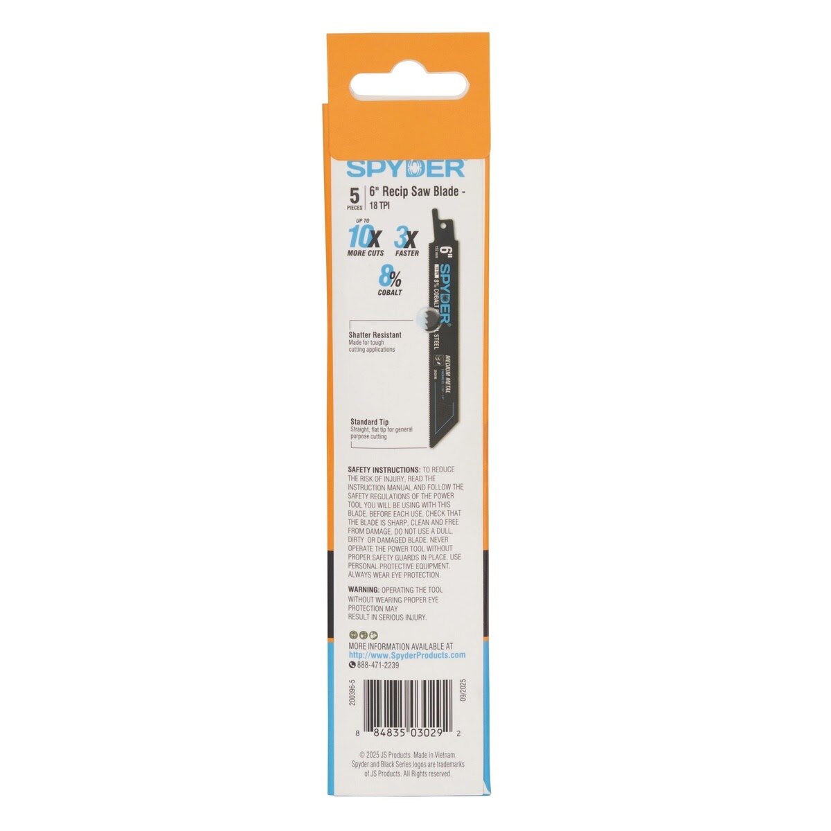 Spyder 200396-5 6 in 18 TPI 8 Percent Cobalt Bi-Metal Reciprocating Saw Blade Medium Metal Cutting (5 Pack) - 5