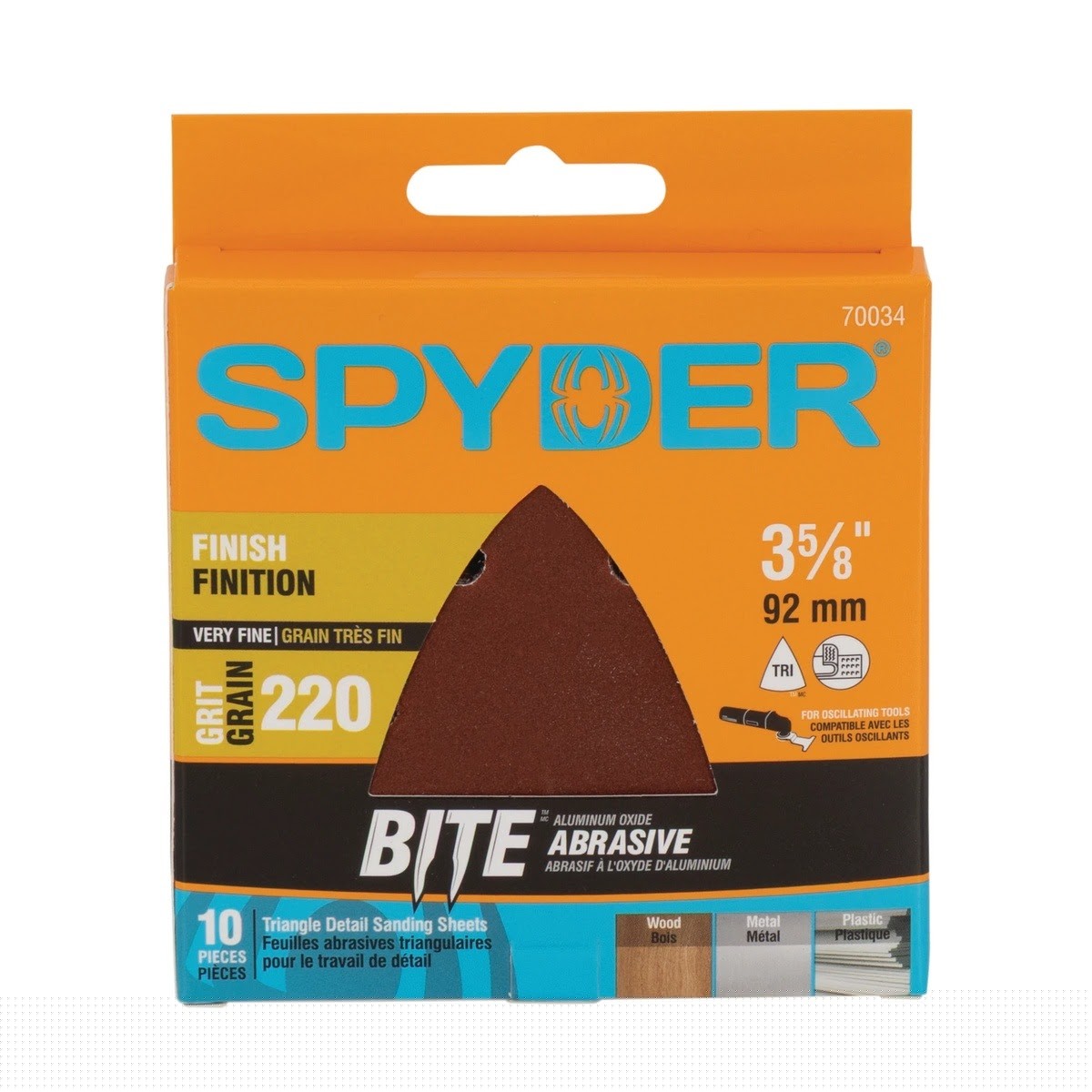 Spyder 70034 3-5/8" 220 Grit Aluminum Oxide Triangle Detail Sanding Sheets (10 Pack)