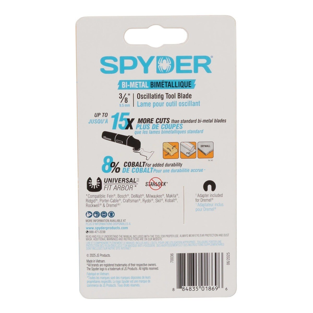 Spyder 70036 3/8 in Bi-Metal Universal Fit Oscillating Tool Blade for General Purpose Cuts - 3