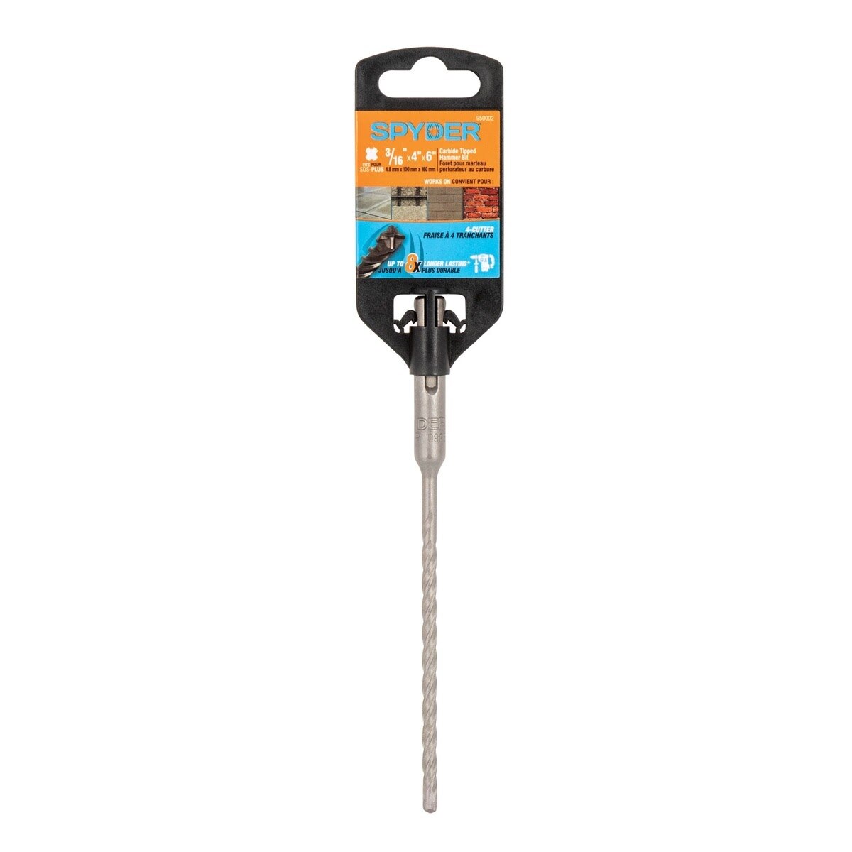 Spyder 950002 3/16" x 6" SDS-Plus 4-Cutter Carbide-Tipped Rotary Hammer Drill Bit - 4