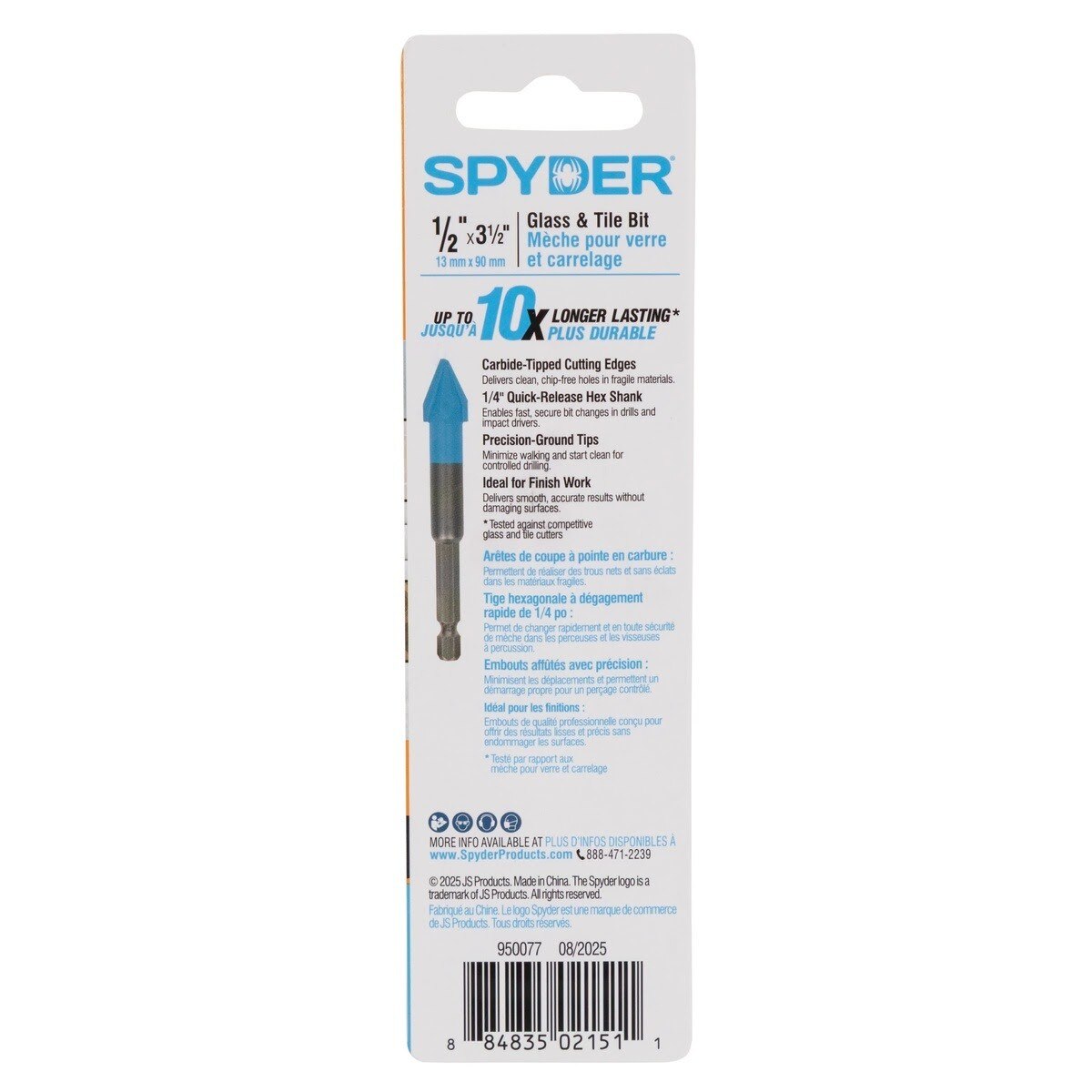 Spyder 950077 1/2 in x 3-1/2 in Quick-Release Hex Shank Carbide-Tipped Glass and Tile Drill Bit - 4