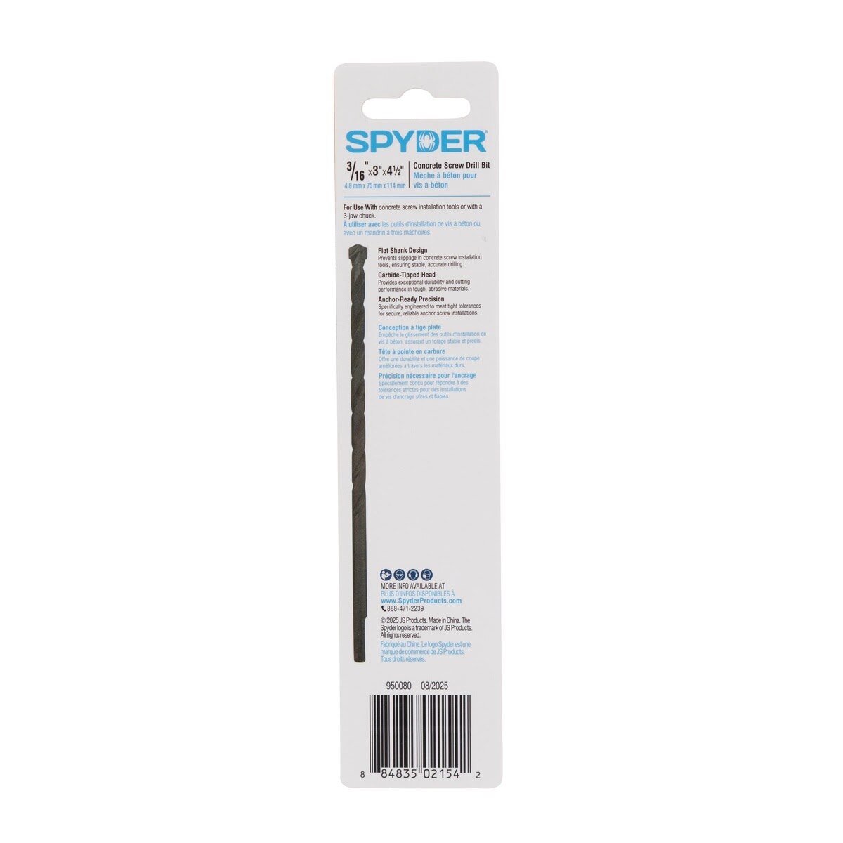 Spyder 950080 3/16" x 4-1/2" Flat Shank Carbide-Tipped Concrete Screw Drill Bit - 4