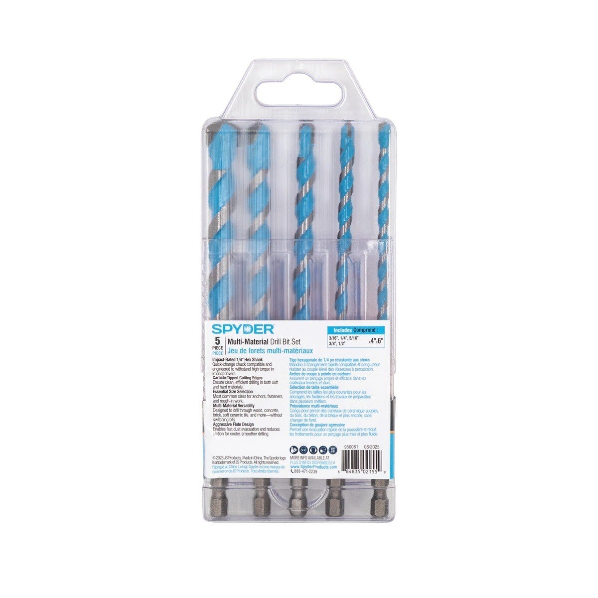 Spyder 950081 6" Impact Shank Carbide-Tipped Multi-Material Masonry Drill Bit Set (5 Piece) - 5