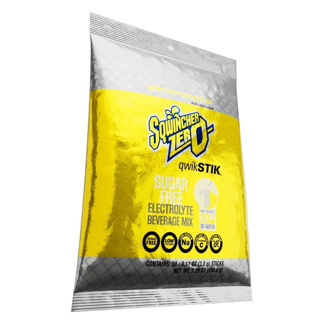 Sqwincher 159060974 Zero Qwik Stik Pineapple Sugar Free Electrolyte Beverage Mix for 20 oz Water (50 Pack)