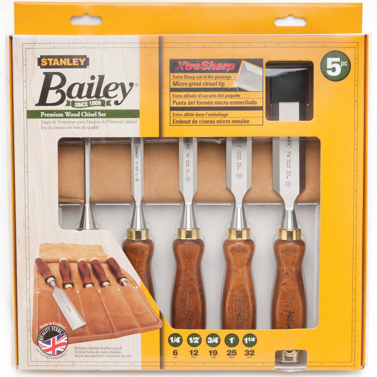 Stanley 16-401 5-Piece Bailey Chisel Set with Leather Pouch - 2