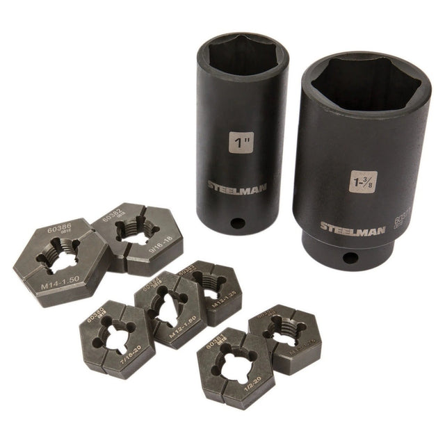 Steelman Pro 60375 9-Piece Split Die Wheel Stud Repair and Rethreading Kit with Indexing Pins and 2 Sockets (9 Piece Set)