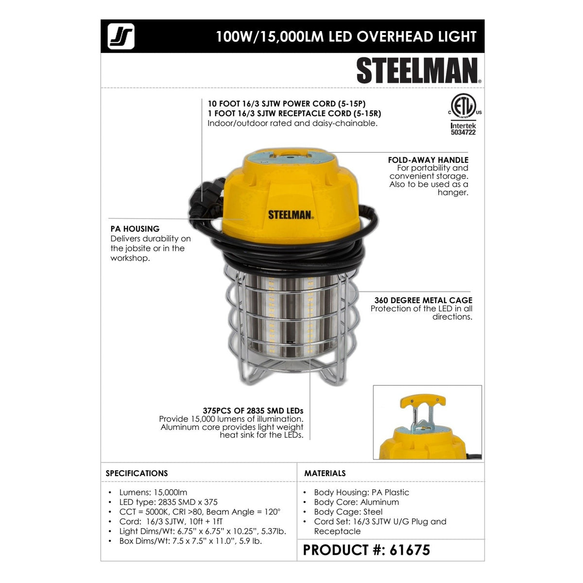 Steelman Pro 61675 100W 15000 Lumens LED Overhead Jobsite Light 6.75 x 10.25 - 6