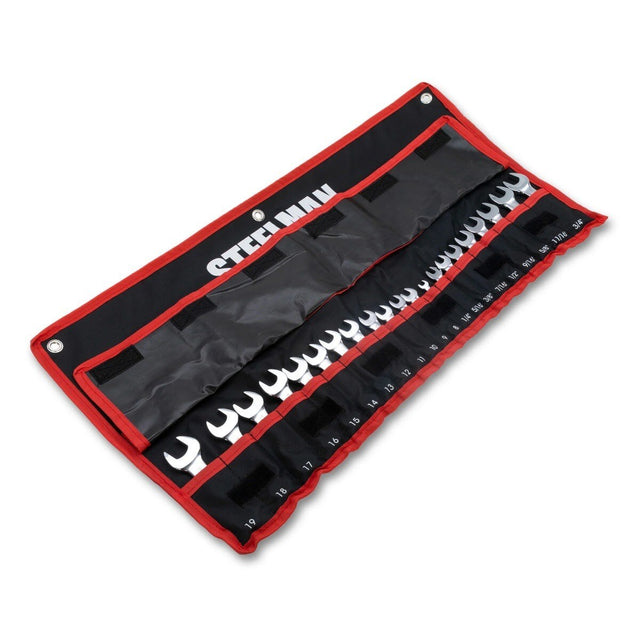 Steelman Pro 82576 Stubby Combination Wrench Set with Storage Roll, Metric and SAE (21 Piece Set)