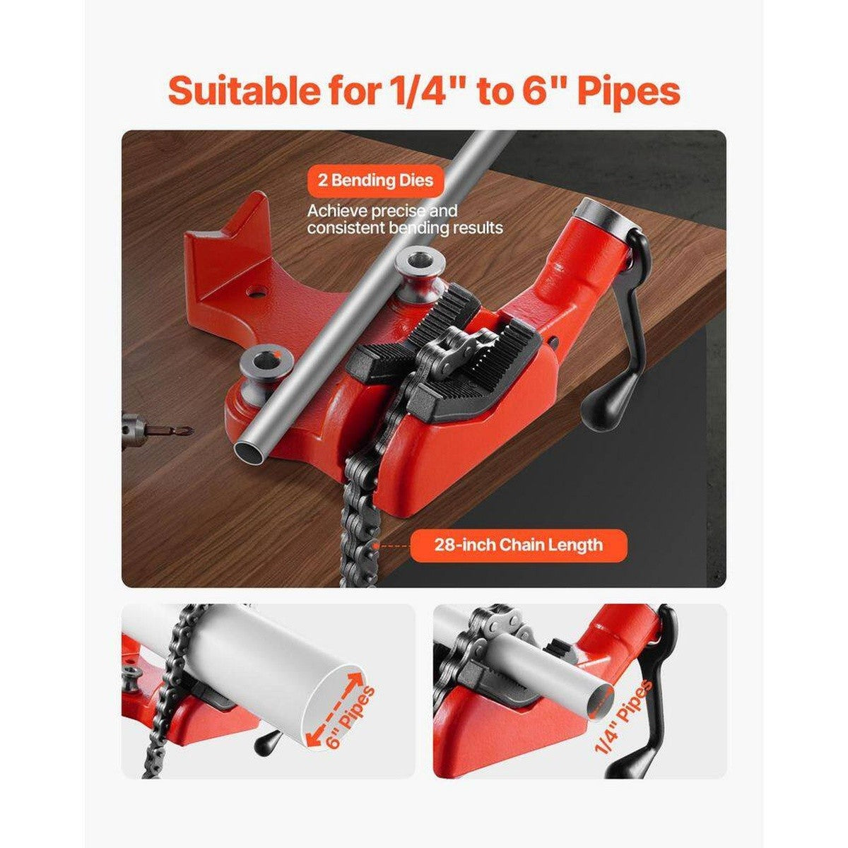 Vevor RG1204S6 Heavy Duty Pipe Chain Vise 1/4" to 6" Pipe Capacity 28" Chain - 2