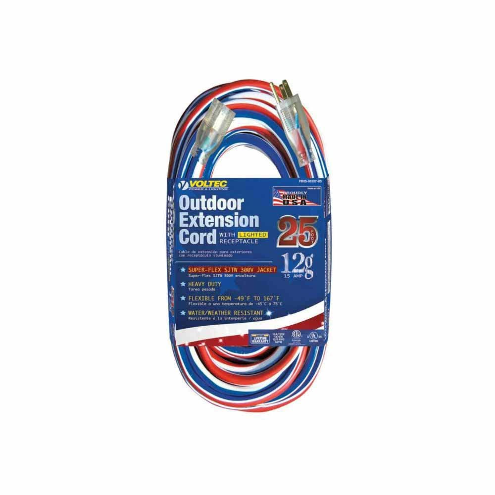 Voltec 05-00157-US 25' 12/3 SJTW Red/White/Blue Extension Cord with Lighted Connector