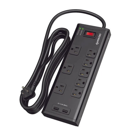 Voltec 11-00229 8 Outlet Metal Surge Protector with 2 USB Ports and 6' SJT 14/3 Power Cable
