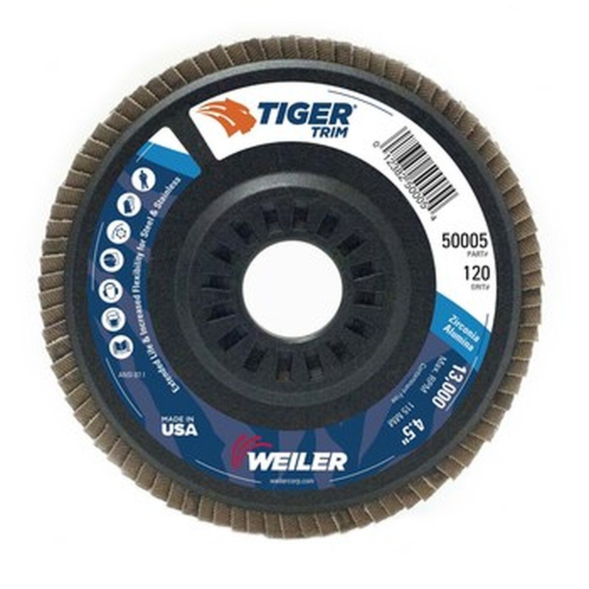 Weiler 50005 4-1/2 in. Tiger Trim Type 29 Zirconia Flap Disc, Trimmable Composite Backing, 7/8 in. Arbor, 120 Grit (10 Pack) - 3