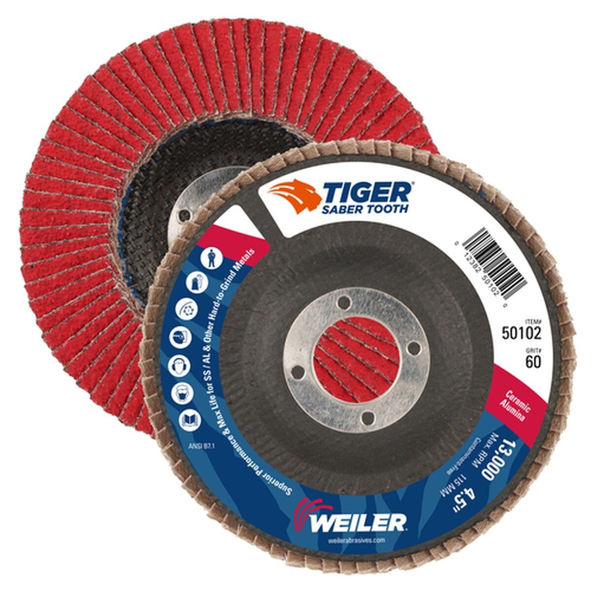 Weiler 50102 4-1/2 in. Tiger Saber Tooth Ceramic Type 29 Flap Disc, 60 Grit, 7/8 in. Arbor, Phenolic Backing (10 Pack) - 3
