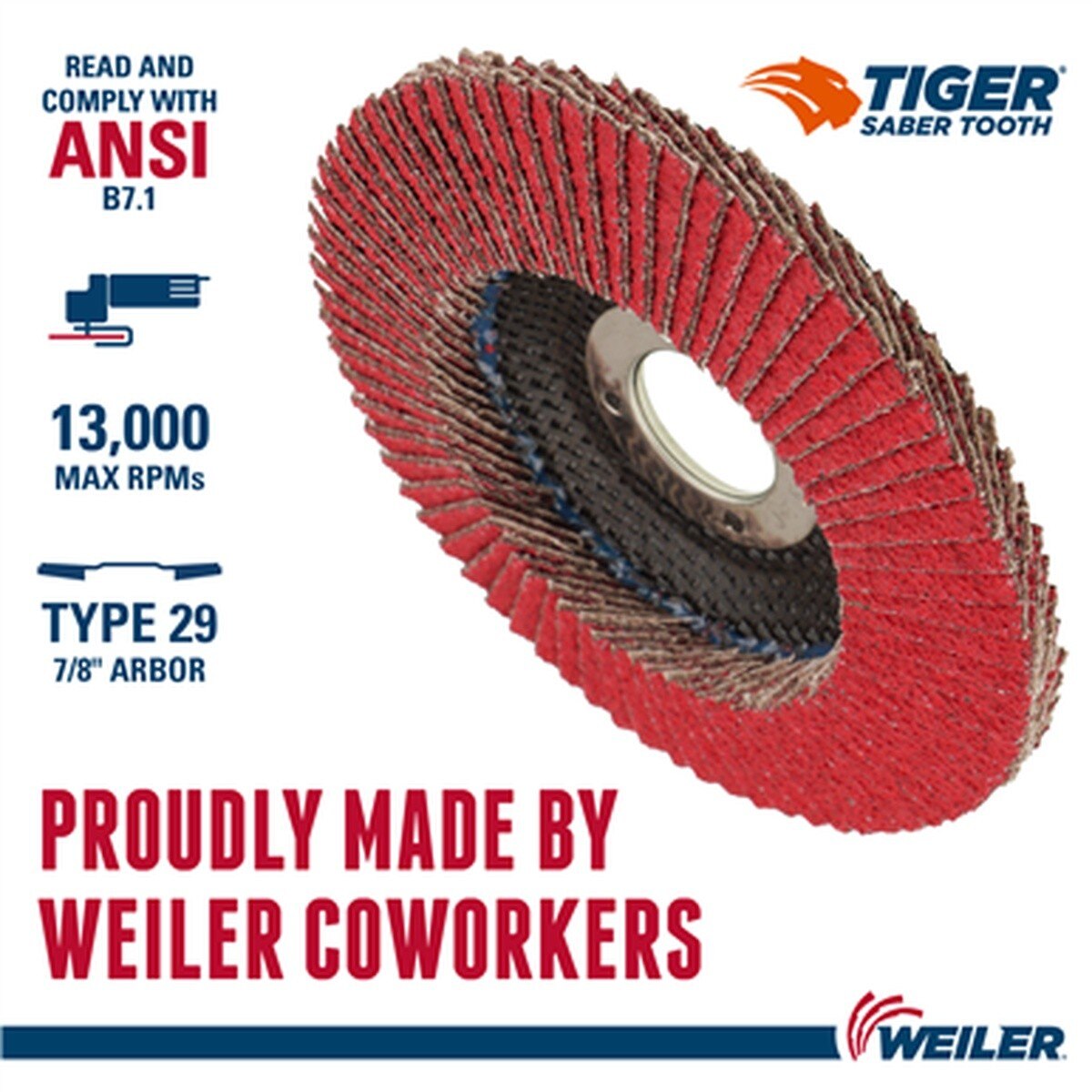 Weiler 50102 4-1/2 in. Tiger Saber Tooth Ceramic Type 29 Flap Disc, 60 Grit, 7/8 in. Arbor, Phenolic Backing (10 Pack) - 4