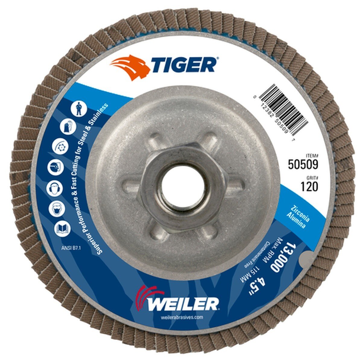 Weiler 50509 4-1-2 in Tiger Type 29 Angled Abrasive Flap Disc with Aluminum Backing 120 Grit 5-8 in-11 Arbor