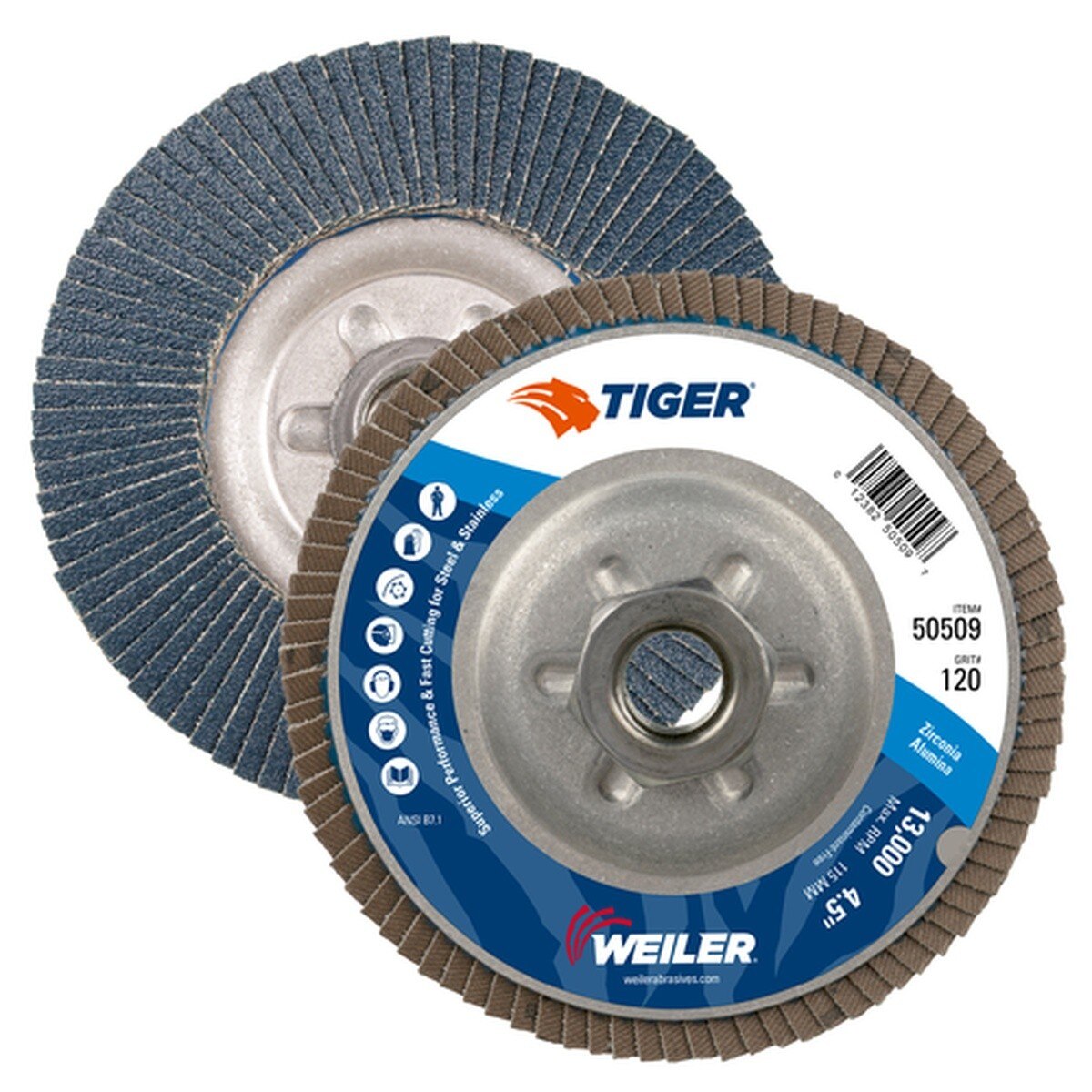 Weiler 50509 4-1-2 in Tiger Type 29 Angled Abrasive Flap Disc with Aluminum Backing 120 Grit 5-8 in-11 Arbor - 2