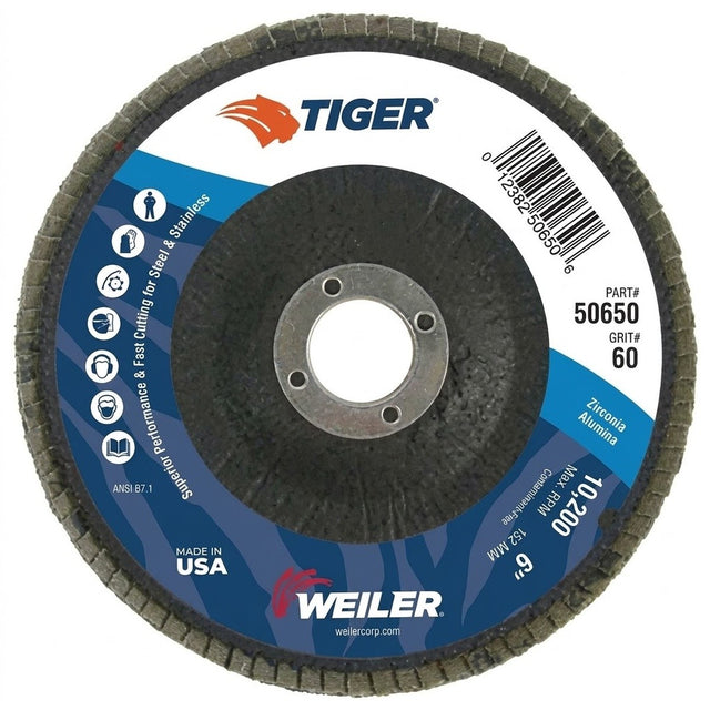 Weiler 50650 6" Tiger Disc Abrasive Flap Disc Angled Phenolic Backing 60 Grit 7/8" Arbor Hole