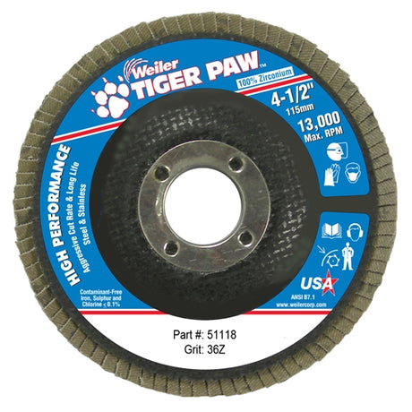 Weiler 51118 4-1/2" 36 Grit Tiger Paw Angled Abrasive Flap Disc 10/Box, Packs of 10