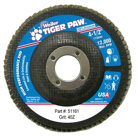 Weiler 51161 4-1/2" 40 Grit Tiger Paw Flat Super High Density Flap Disc, Packs of 10